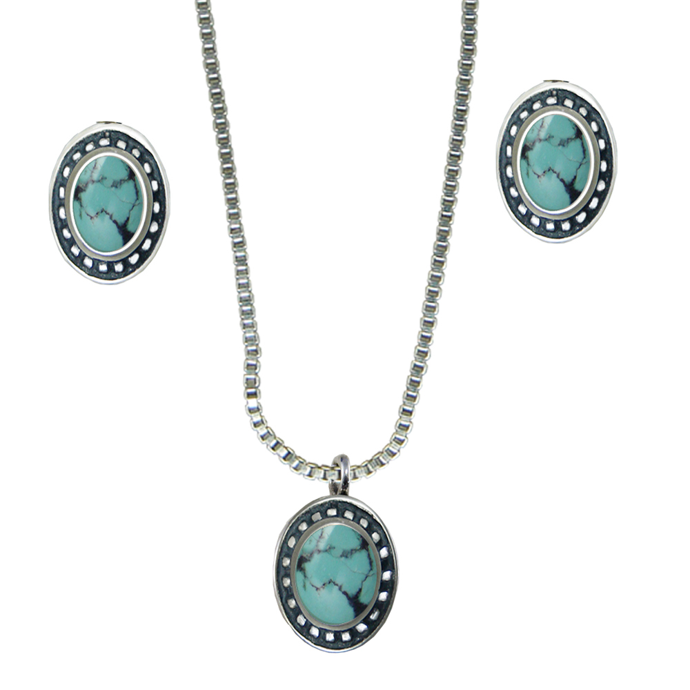 Sterling Silver Petite Necklace Earrings Set With Chinese Turquoise